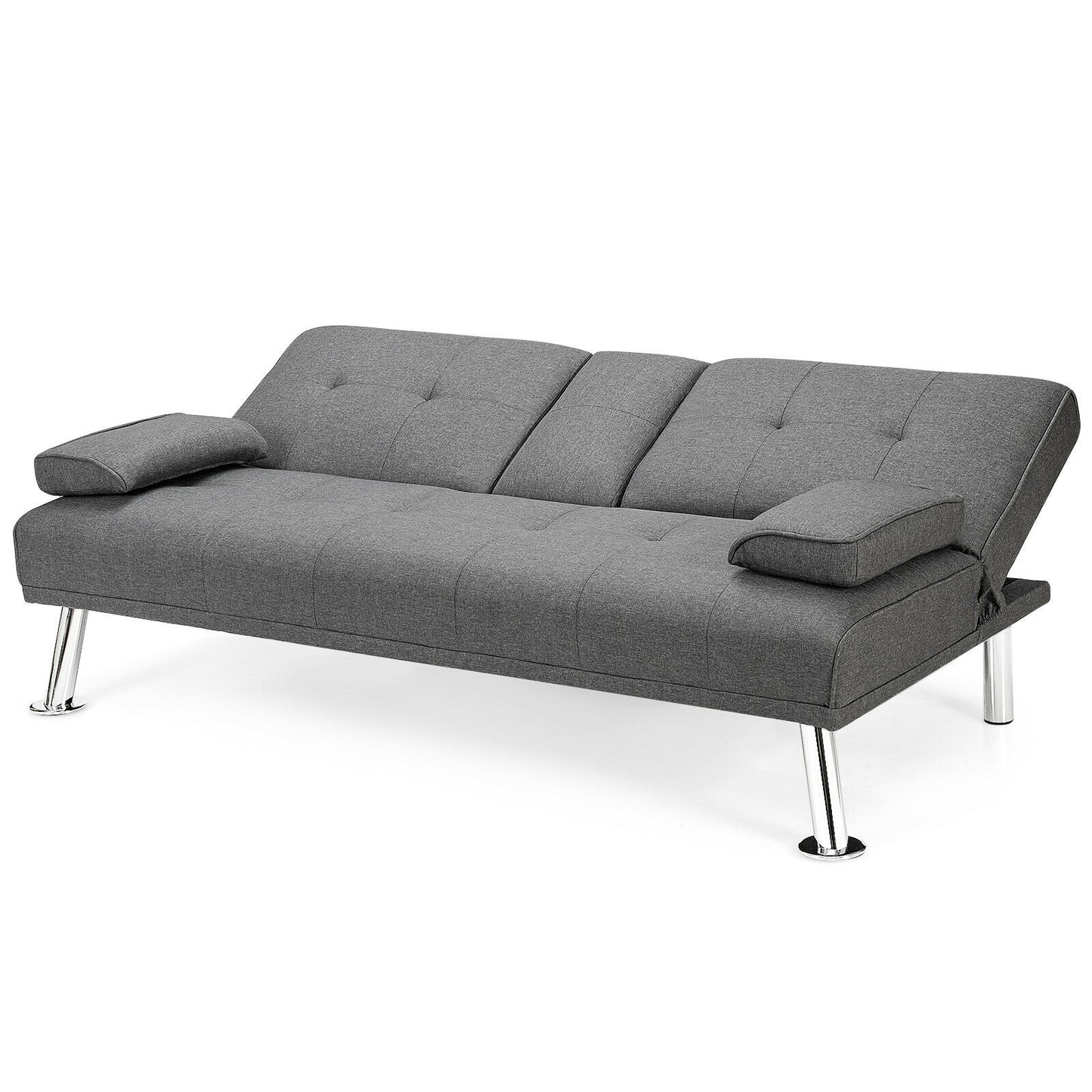 Convertible Futon Sofa Bed with Cup Holders and Adjustable Backrest, Linen Upholstery, Light Grey