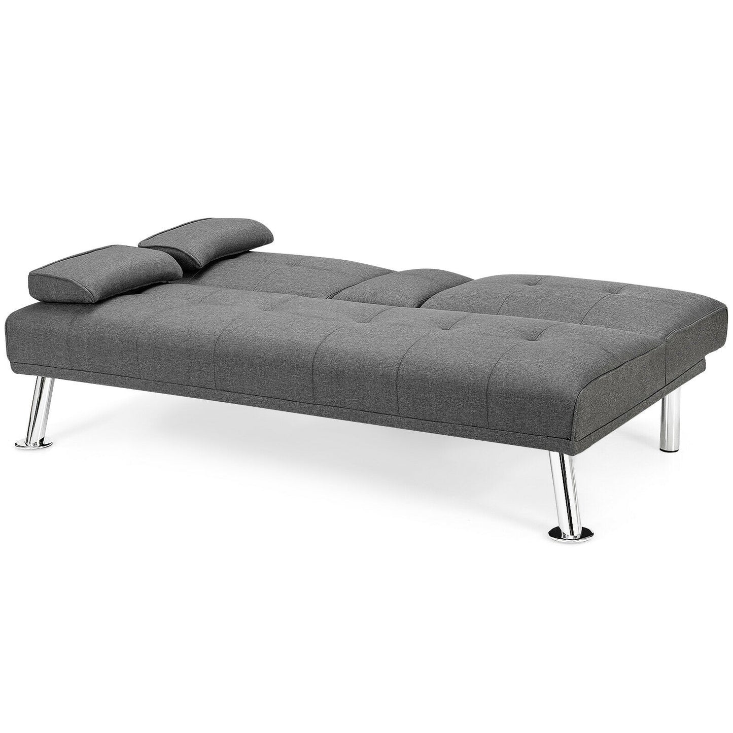 Convertible Futon Sofa Bed with Cup Holders and Adjustable Backrest, Linen Upholstery, Light Grey