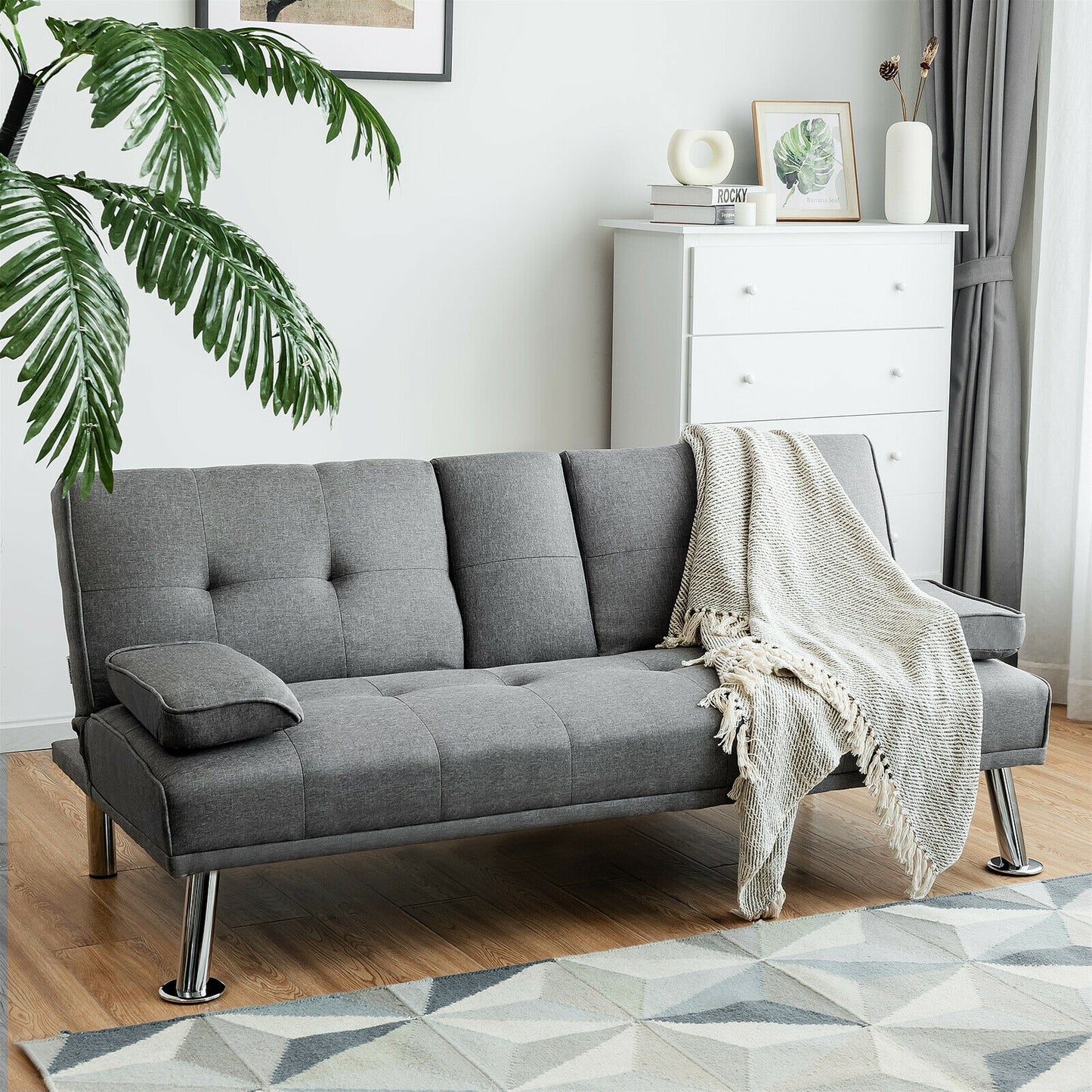 Convertible Futon Sofa Bed with Cup Holders and Adjustable Backrest, Linen Upholstery, Light Grey
