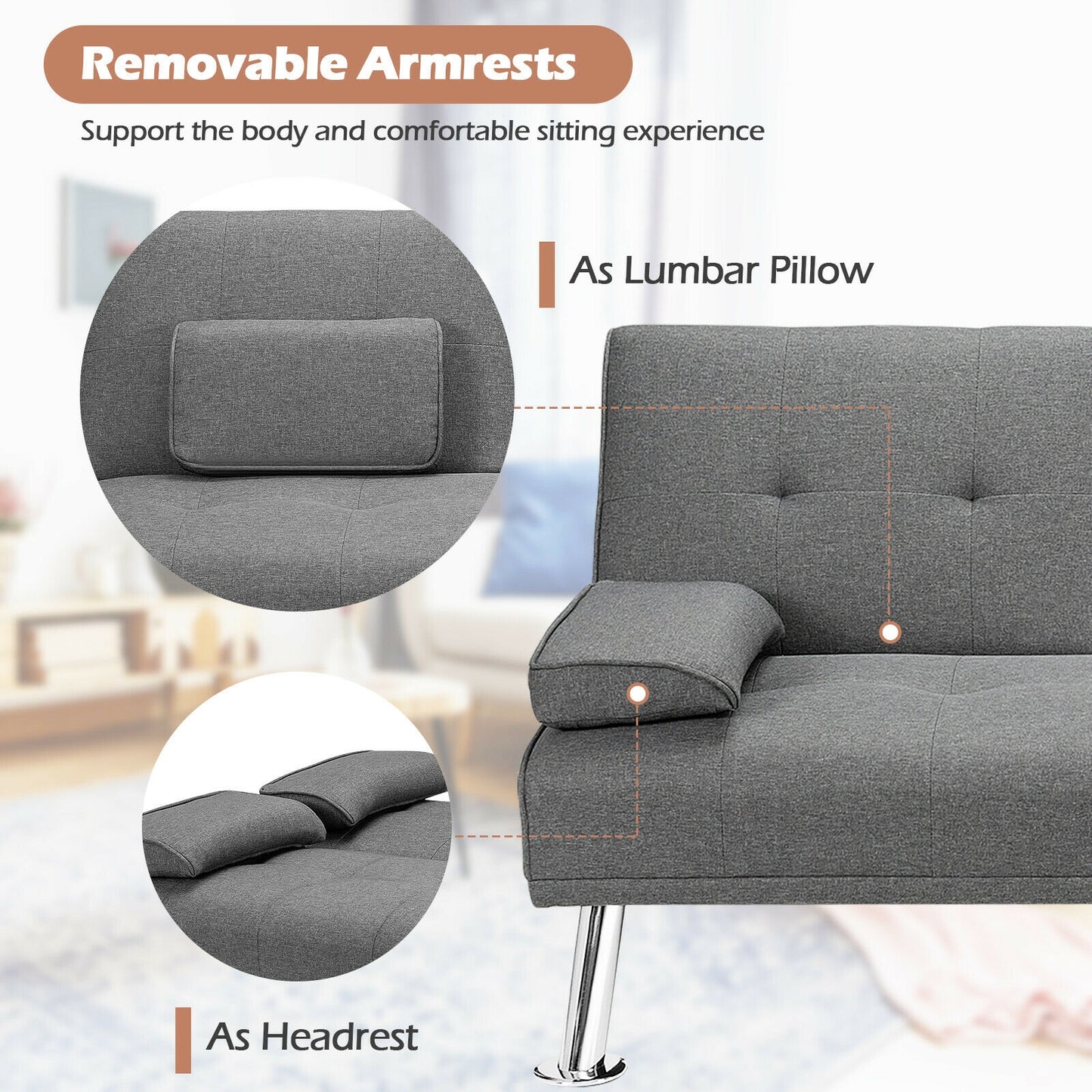 Convertible Futon Sofa Bed with Cup Holders and Adjustable Backrest, Linen Upholstery, Light Grey