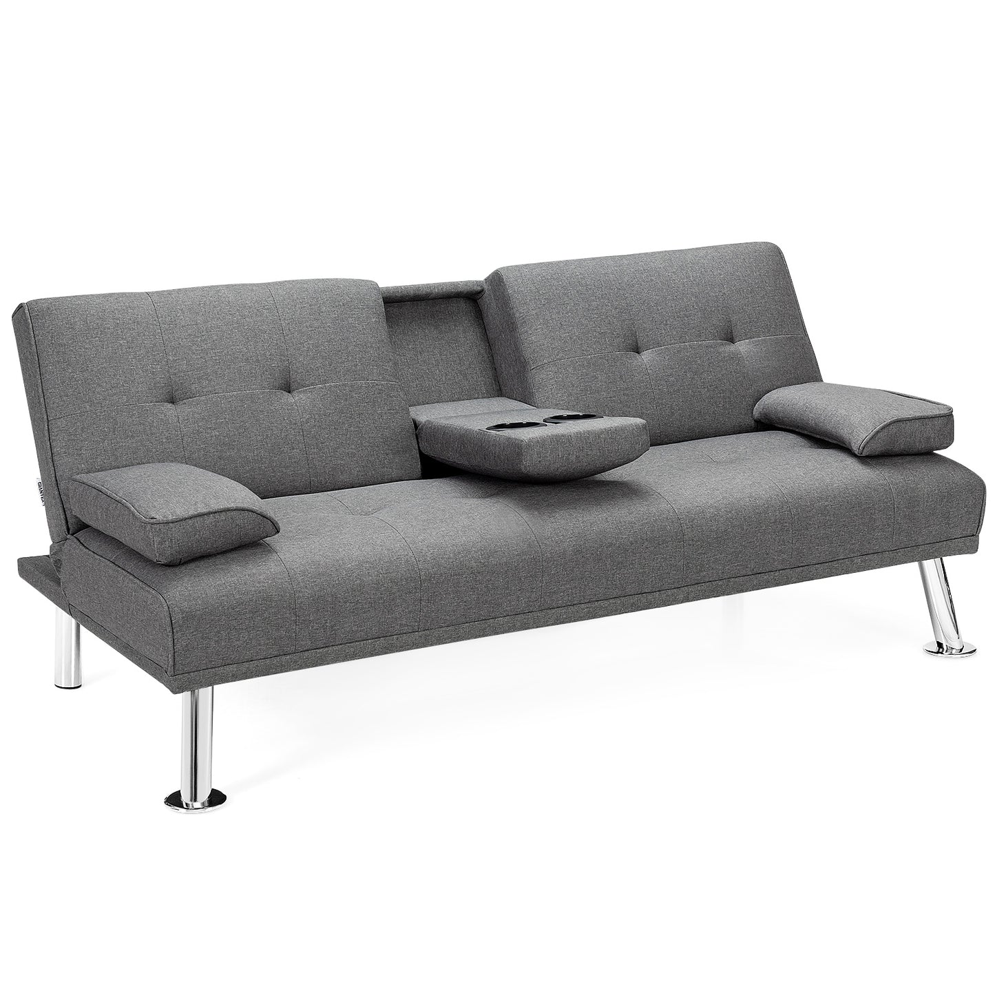 Convertible Futon Sofa Bed with Cup Holders and Adjustable Backrest, Linen Upholstery, Light Grey