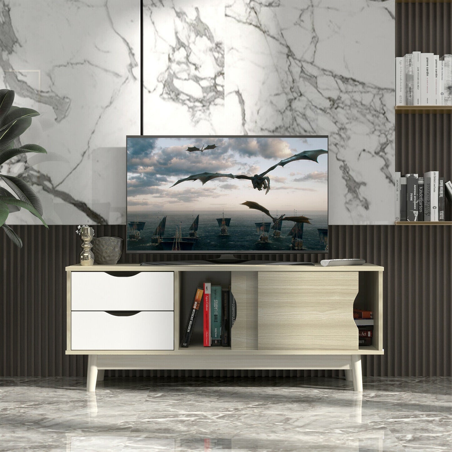Spacious Media Console TV Stand with Sliding Doors and Drawers for TVs up to 60 Inches in Grey