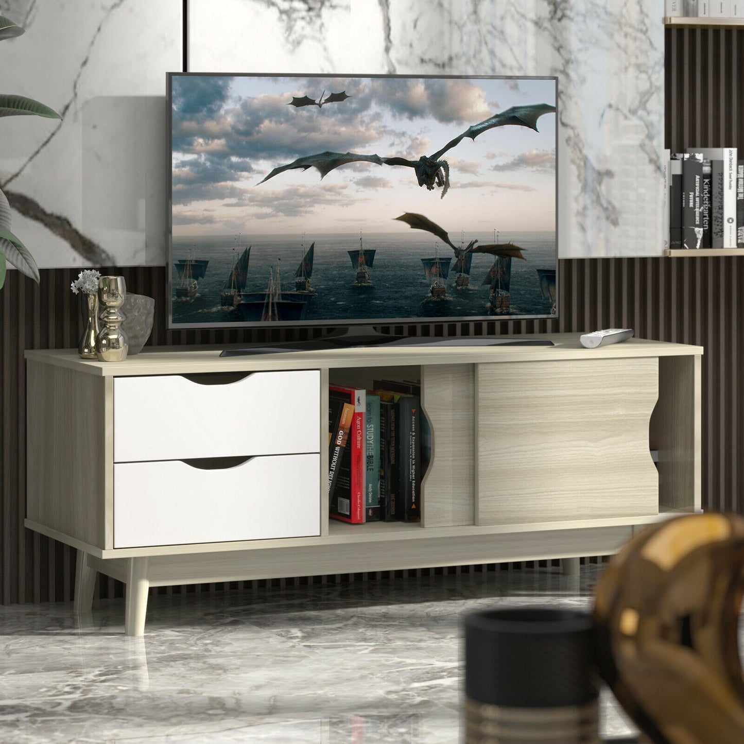 Spacious Media Console TV Stand with Sliding Doors and Drawers for TVs up to 60 Inches in Grey