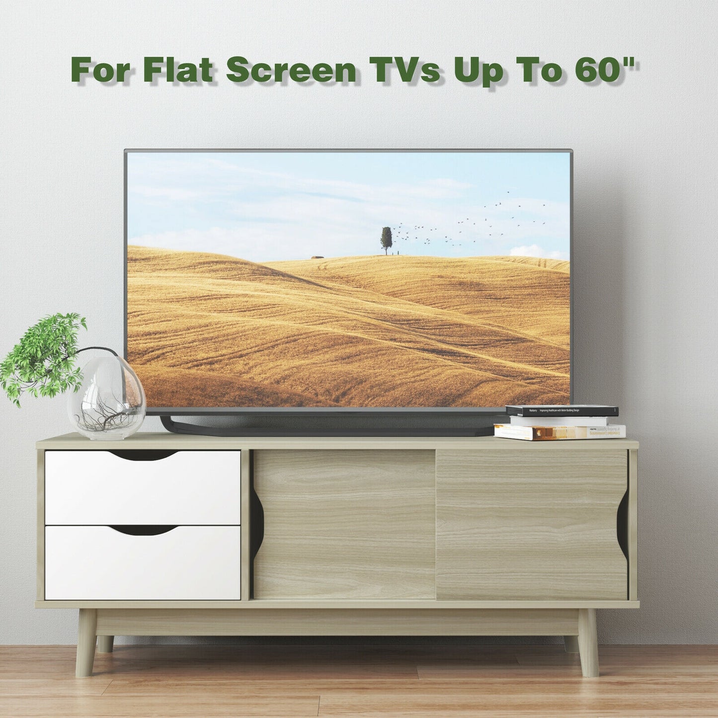 Spacious Media Console TV Stand with Sliding Doors and Drawers for TVs up to 60 Inches in Grey