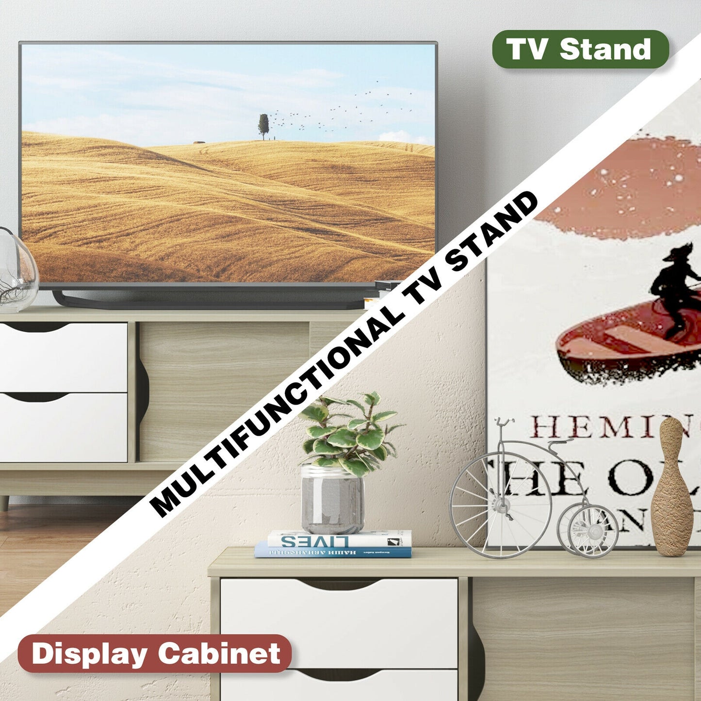 Spacious Media Console TV Stand with Sliding Doors and Drawers for TVs up to 60 Inches in Grey
