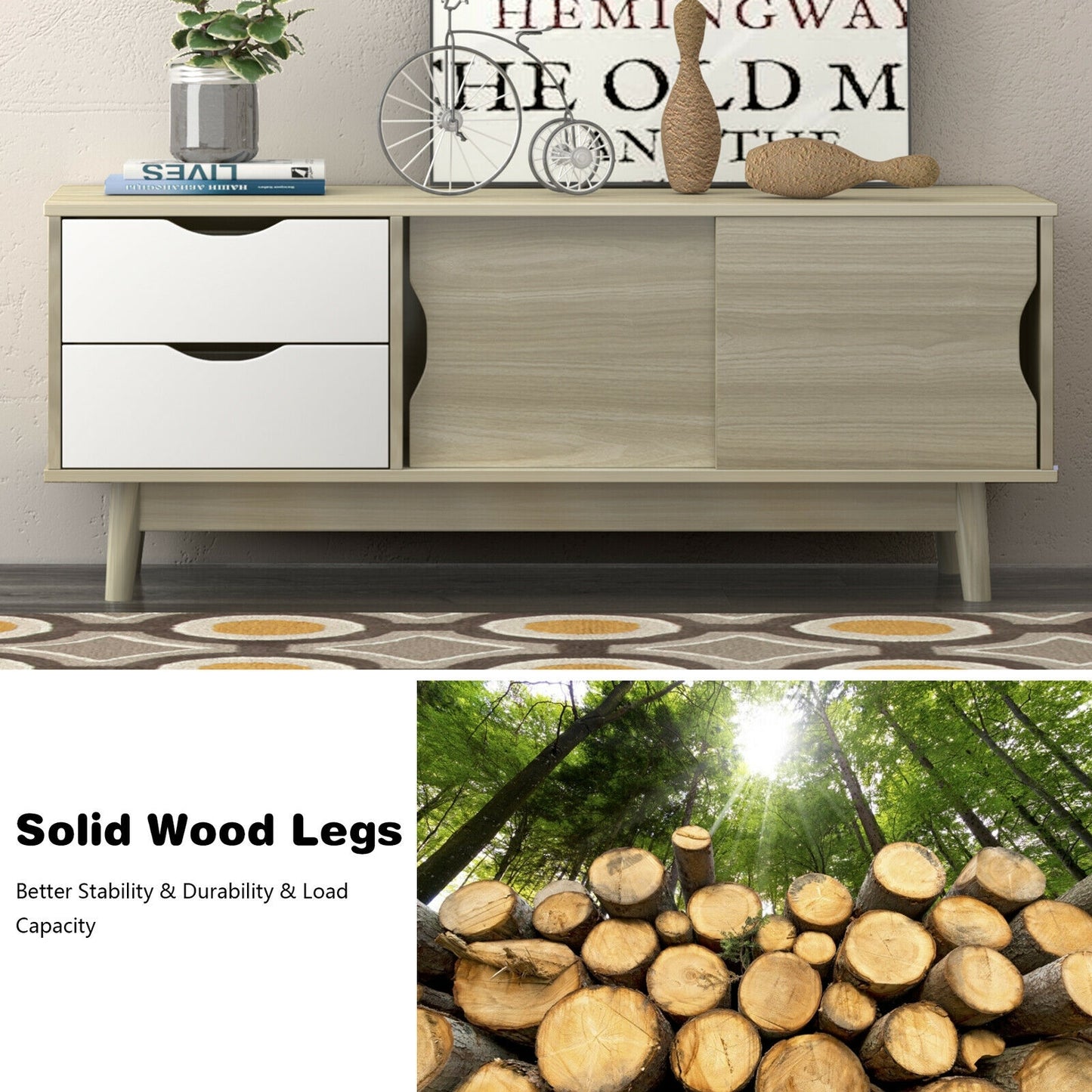 Spacious Media Console TV Stand with Sliding Doors and Drawers for TVs up to 60 Inches in Grey