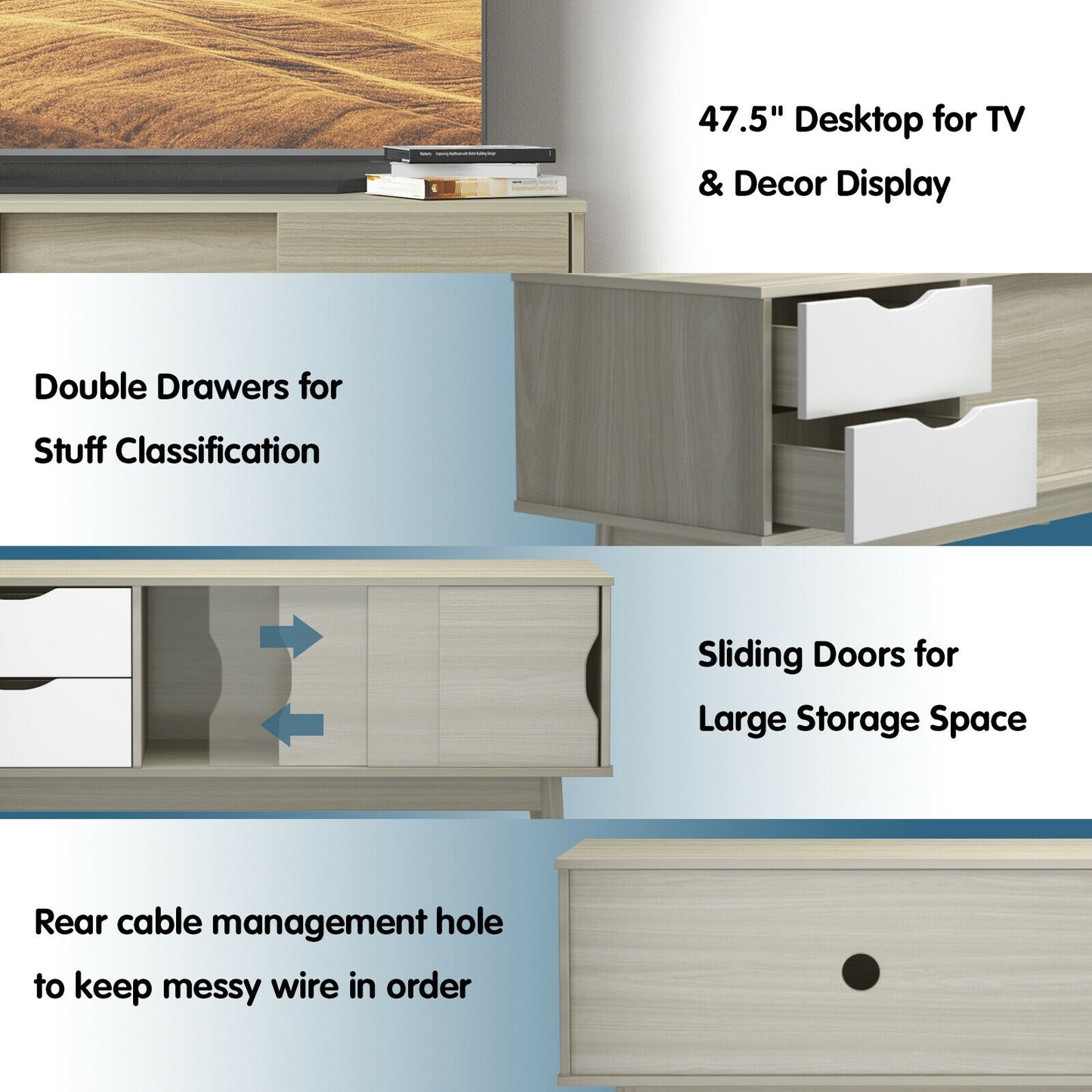 Spacious Media Console TV Stand with Sliding Doors and Drawers for TVs up to 60 Inches in Grey