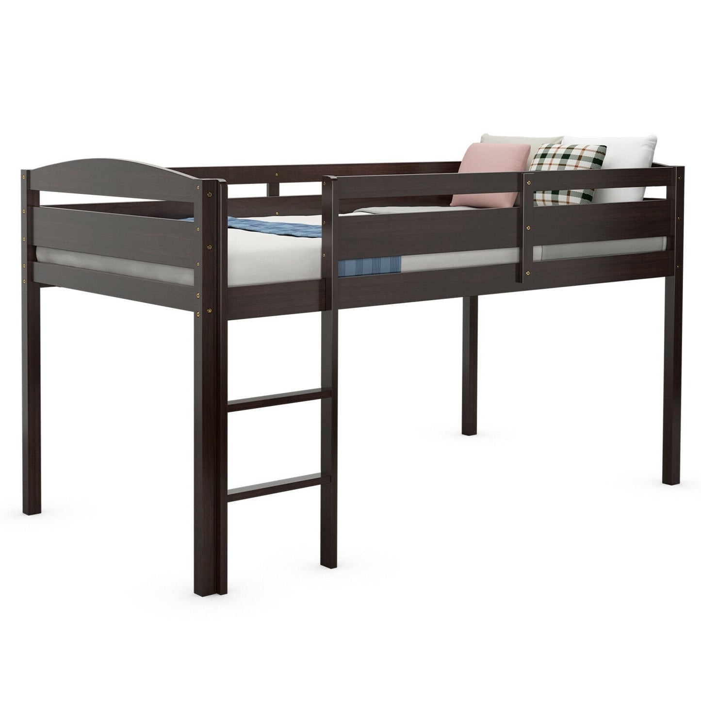 Solid Wood Twin Low Loft Bunk Bed with Guardrails and Easy Climb Ladder - Dark Brown