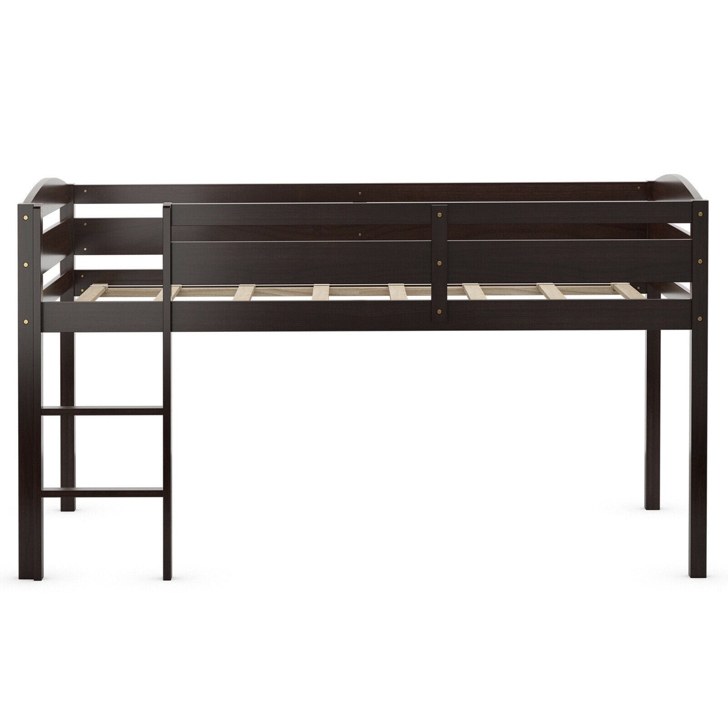 Solid Wood Twin Low Loft Bunk Bed with Guardrails and Easy Climb Ladder - Dark Brown