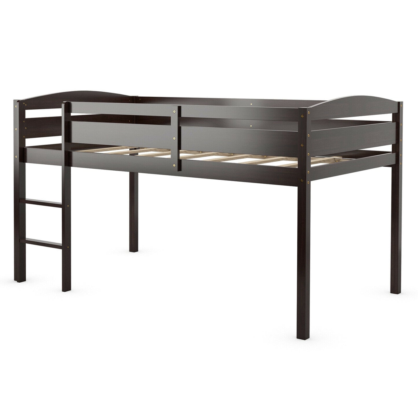 Solid Wood Twin Low Loft Bunk Bed with Guardrails and Easy Climb Ladder - Dark Brown