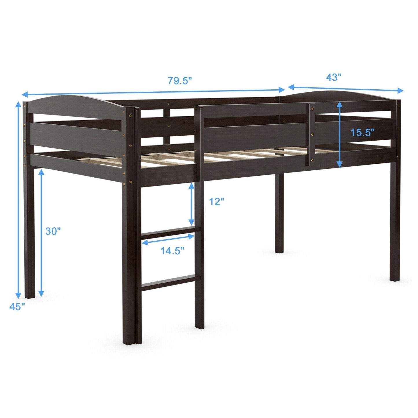 Solid Wood Twin Low Loft Bunk Bed with Guardrails and Easy Climb Ladder - Dark Brown