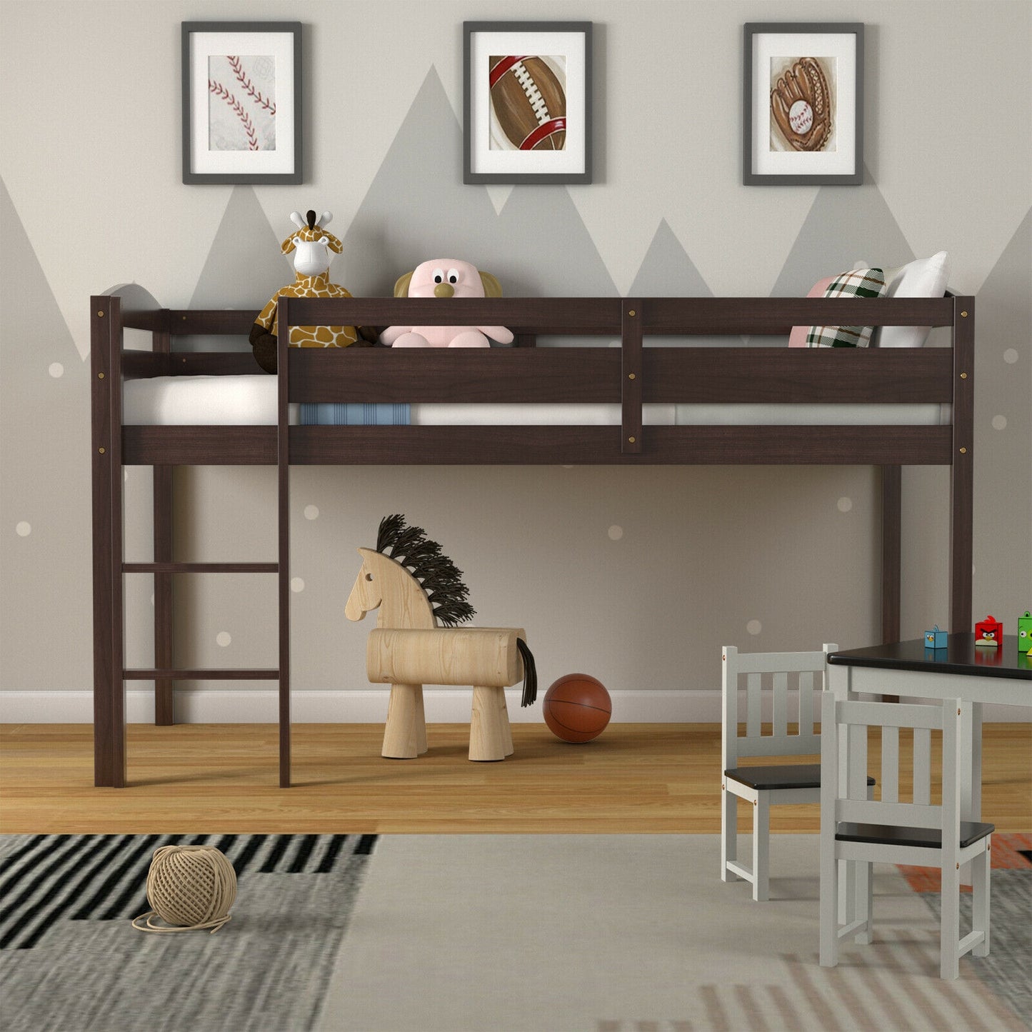 Solid Wood Twin Low Loft Bunk Bed with Guardrails and Easy Climb Ladder - Dark Brown