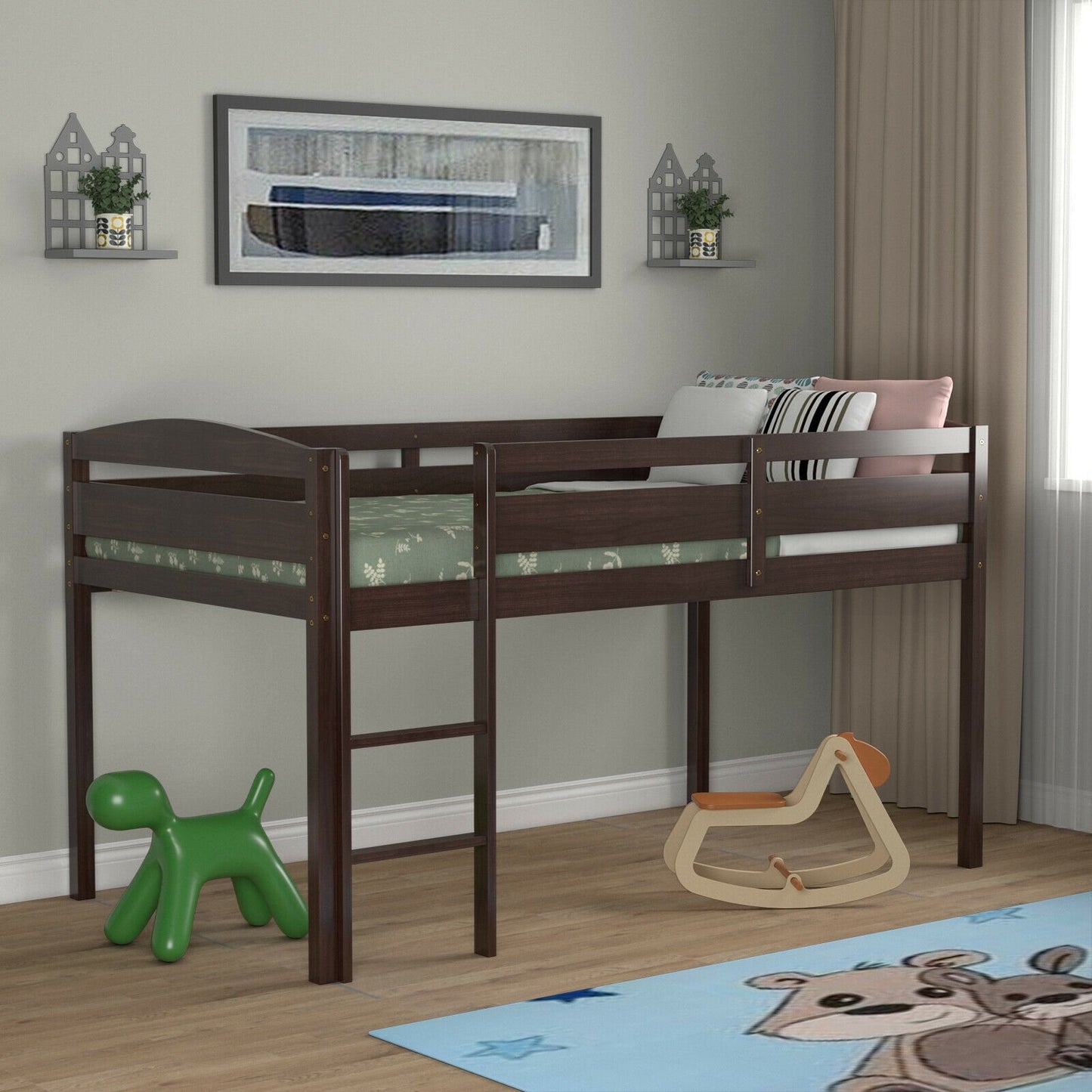 Solid Wood Twin Low Loft Bunk Bed with Guardrails and Easy Climb Ladder - Dark Brown