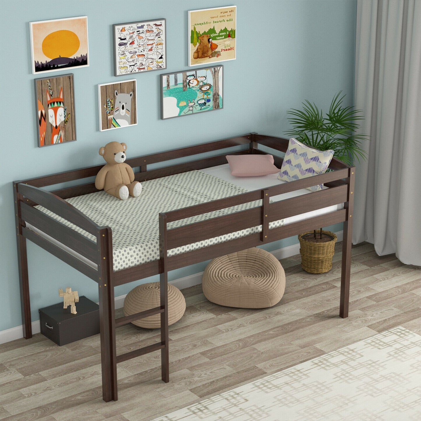 Solid Wood Twin Low Loft Bunk Bed with Guardrails and Easy Climb Ladder - Dark Brown