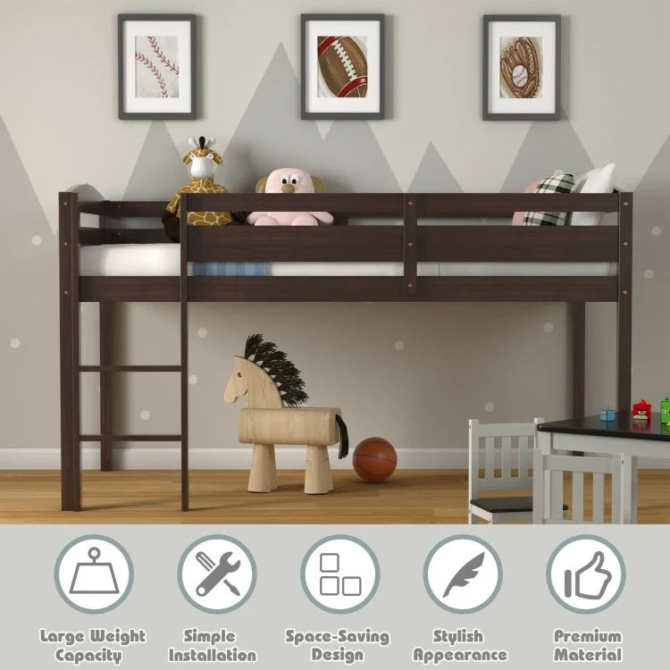 Solid Wood Twin Low Loft Bunk Bed with Guardrails and Easy Climb Ladder - Dark Brown