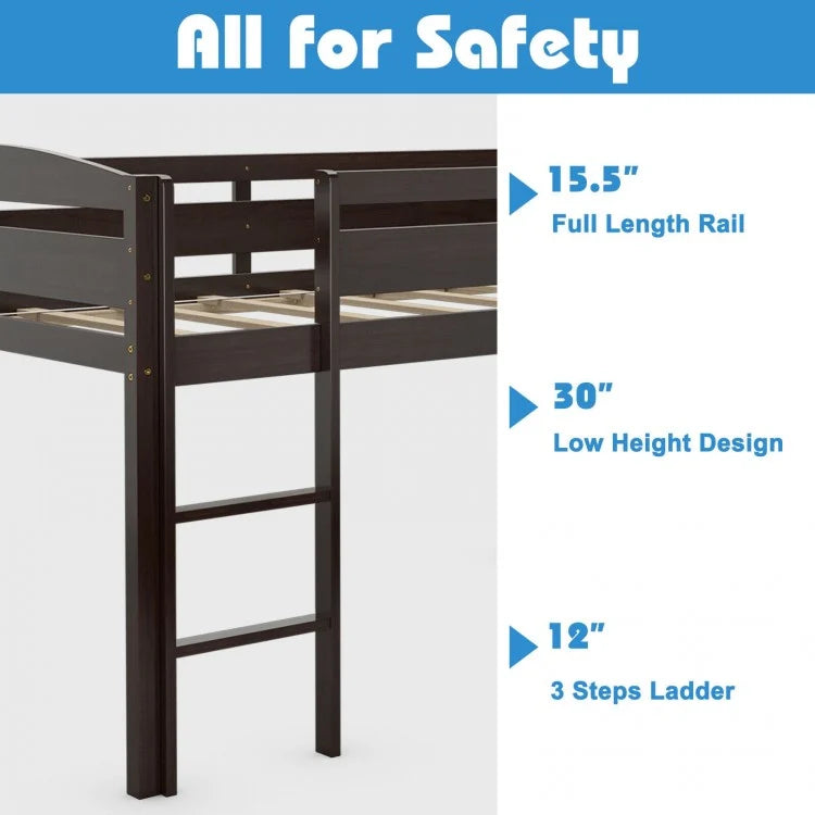 Solid Wood Twin Low Loft Bunk Bed with Guardrails and Easy Climb Ladder - Dark Brown