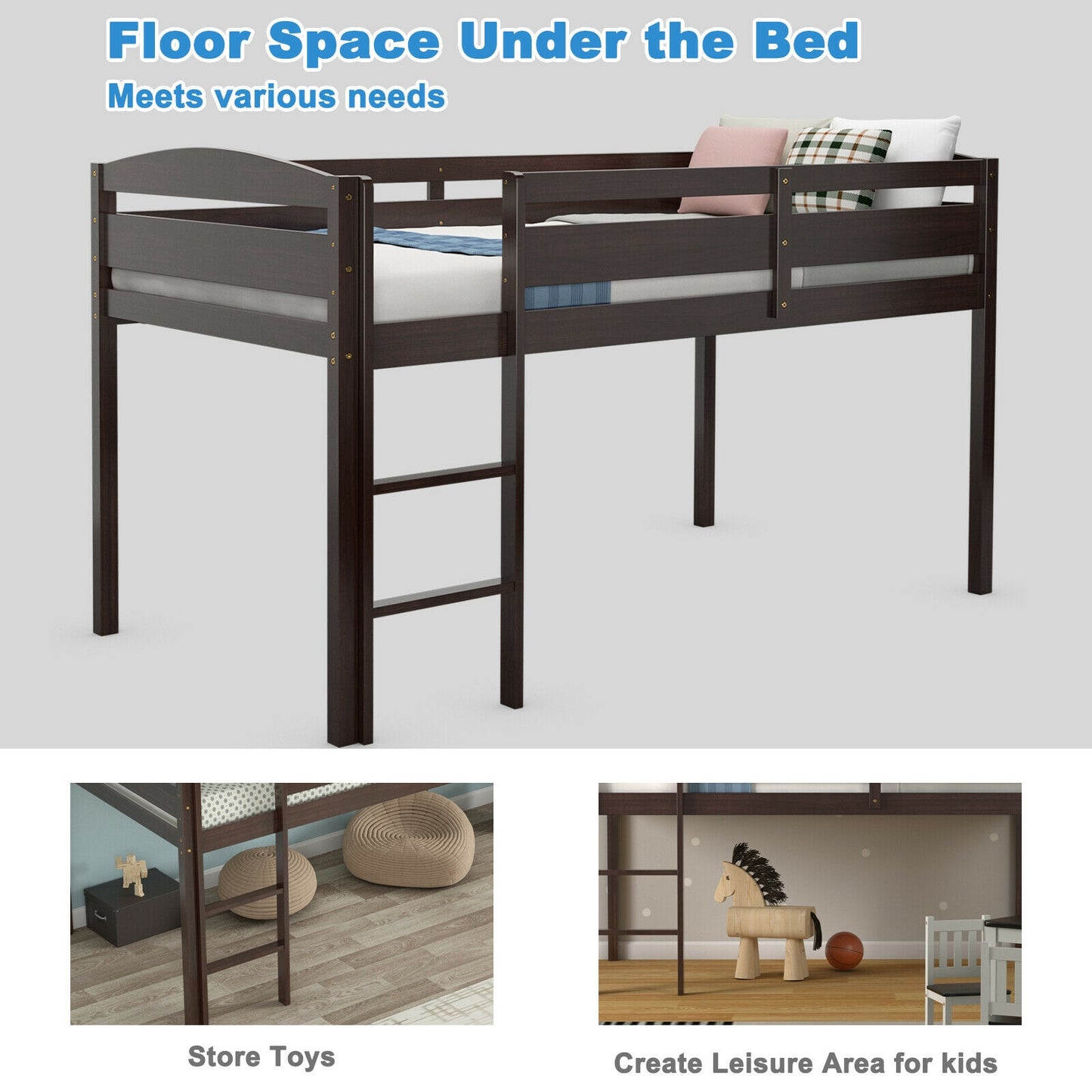 Solid Wood Twin Low Loft Bunk Bed with Guardrails and Easy Climb Ladder - Dark Brown