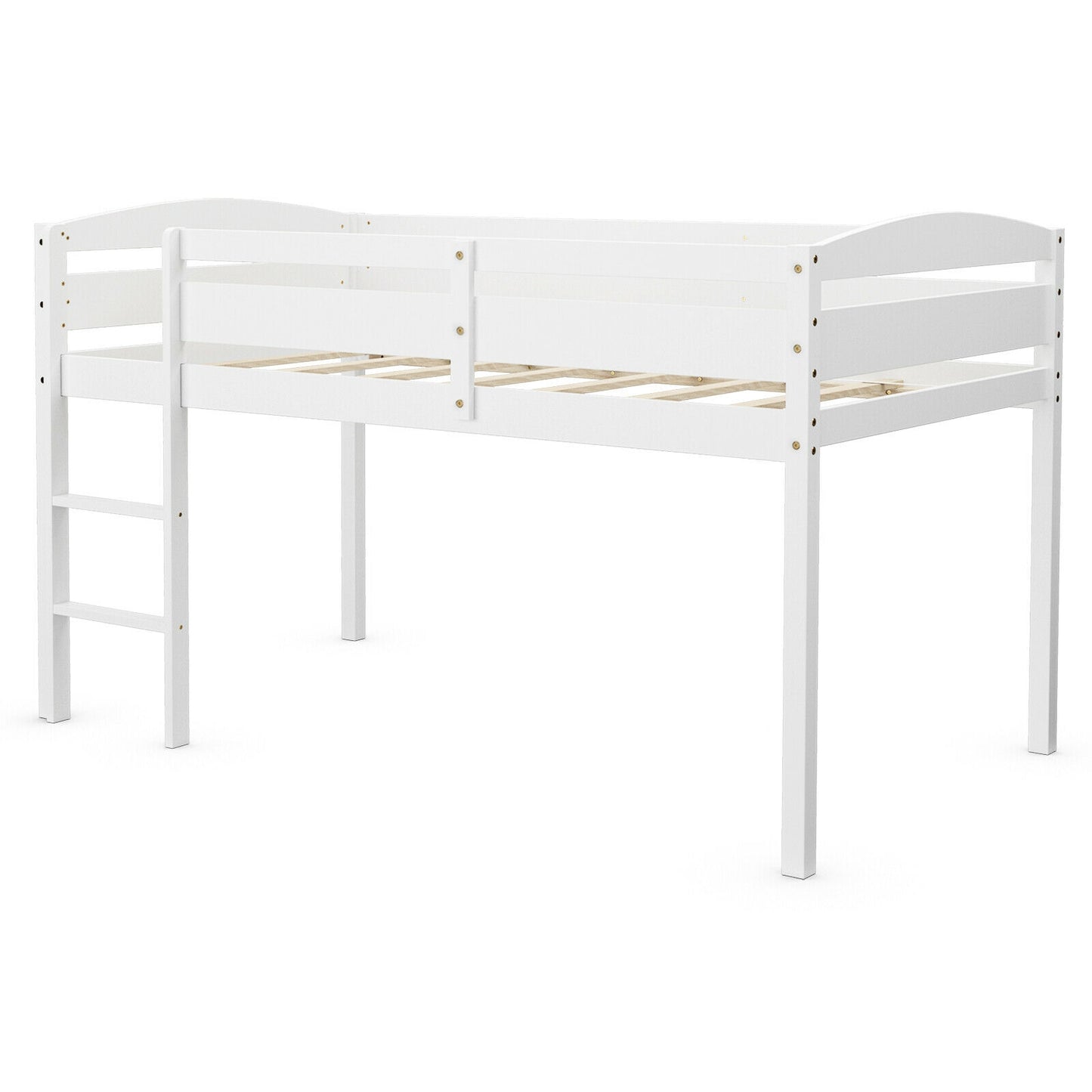 Solid Wood Twin Low Loft Bunk Bed with Guardrails and Easy Climb Ladder - White