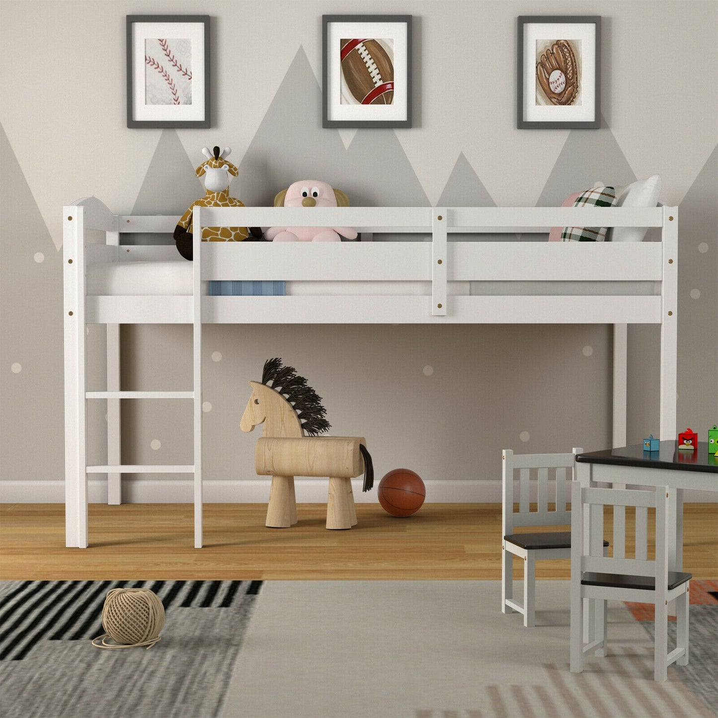 Solid Wood Twin Low Loft Bunk Bed with Guardrails and Easy Climb Ladder - White