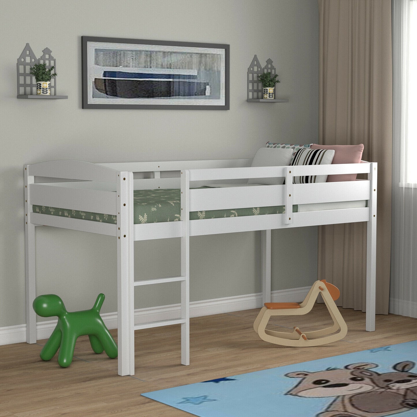 Solid Wood Twin Low Loft Bunk Bed with Guardrails and Easy Climb Ladder - White