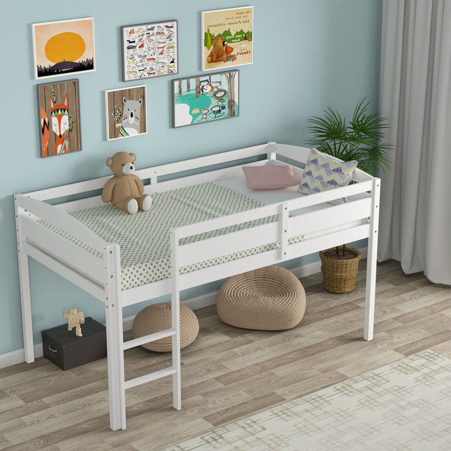 Solid Wood Twin Low Loft Bunk Bed with Guardrails and Easy Climb Ladder - White
