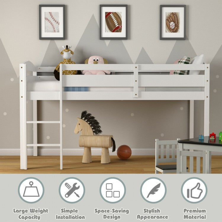 Solid Wood Twin Low Loft Bunk Bed with Guardrails and Easy Climb Ladder - White