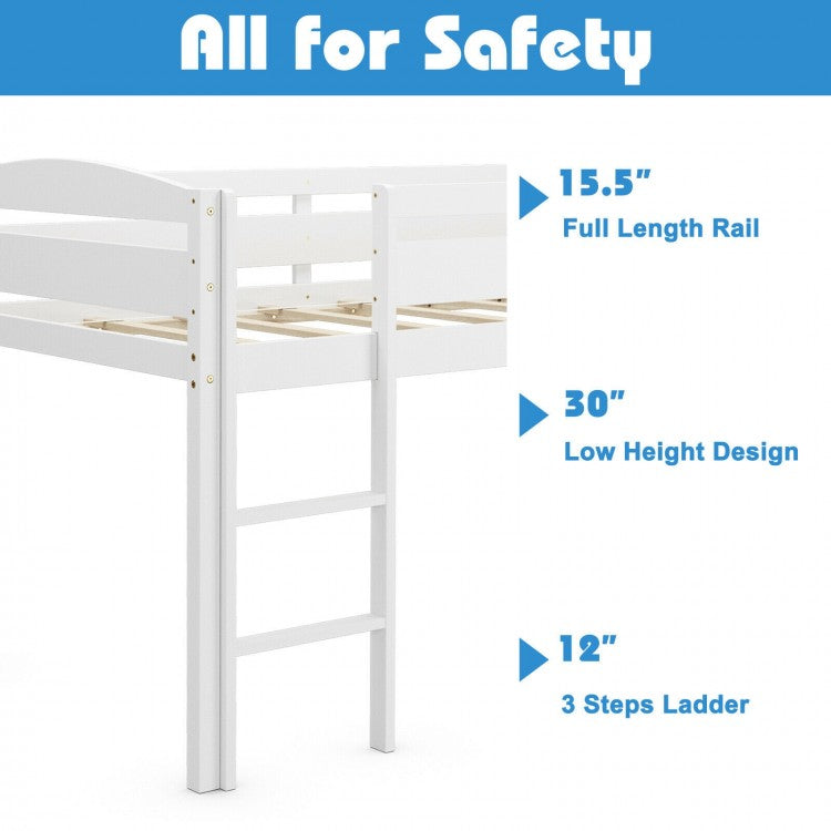 Solid Wood Twin Low Loft Bunk Bed with Guardrails and Easy Climb Ladder - White