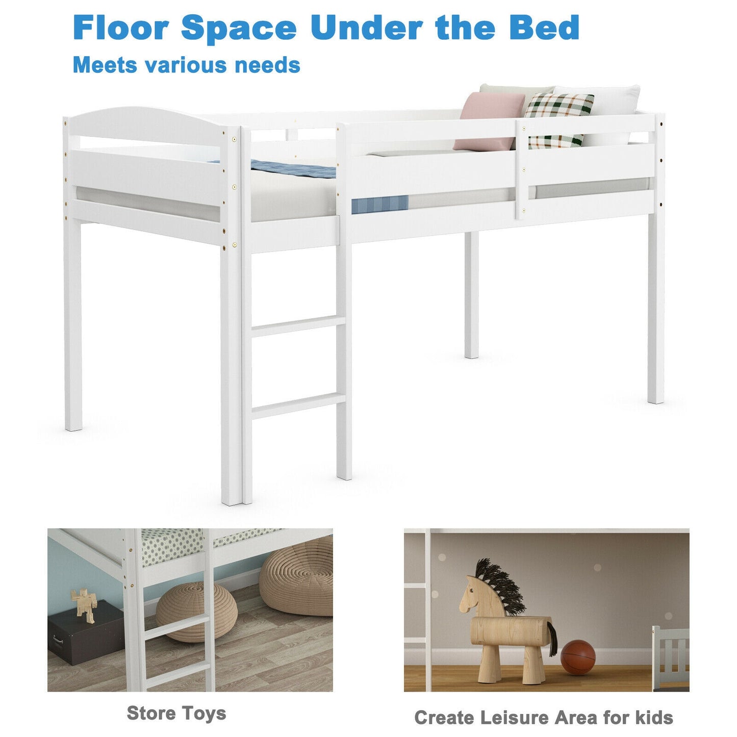 Solid Wood Twin Low Loft Bunk Bed with Guardrails and Easy Climb Ladder - White