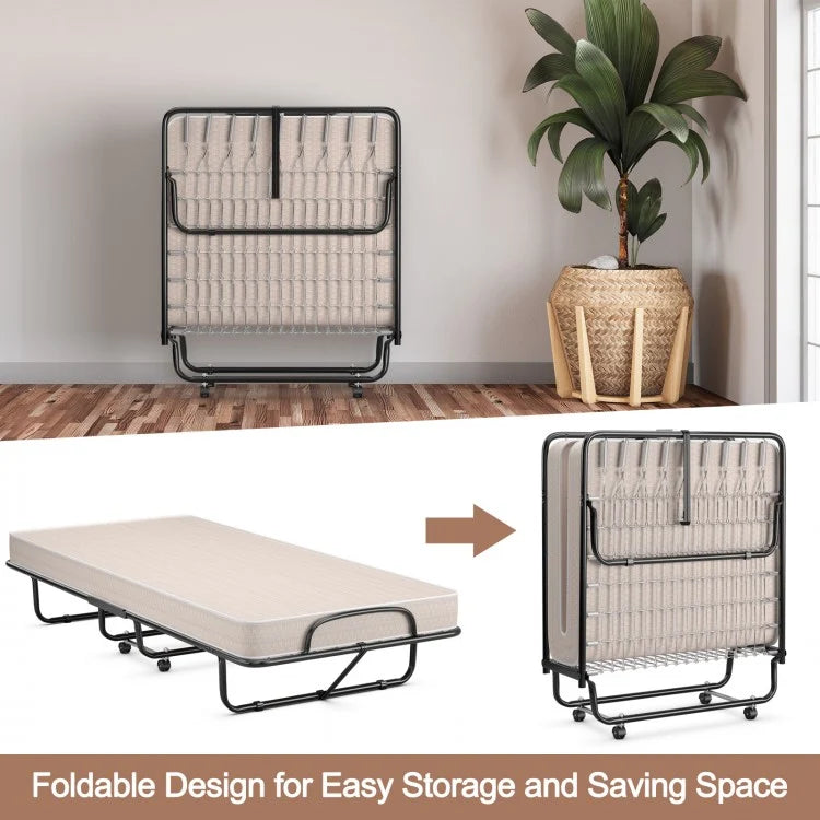 Rollaway Guest Bed with Memory Foam Mattress and Steel Frame Made in Italy - Beige