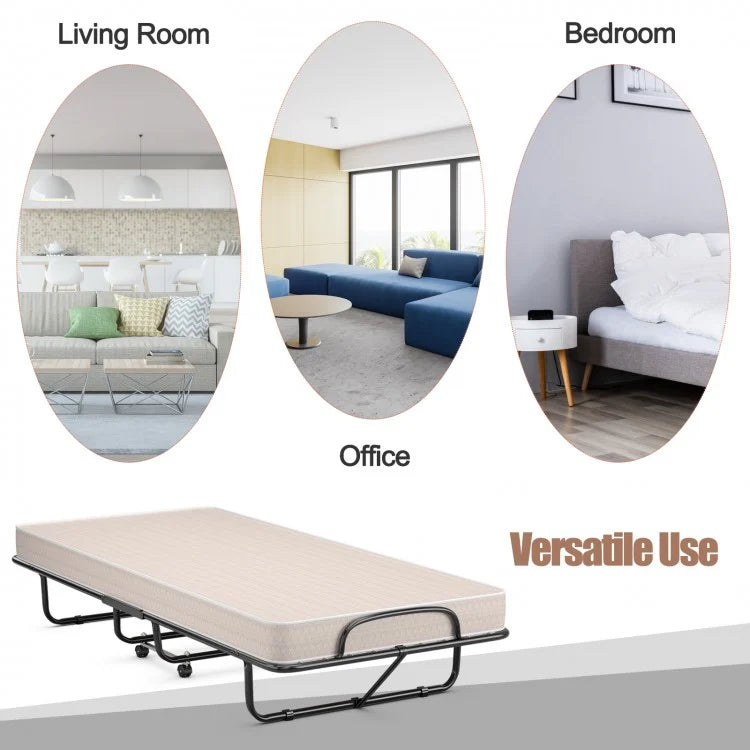 Rollaway Guest Bed with Memory Foam Mattress and Steel Frame Made in Italy - Beige