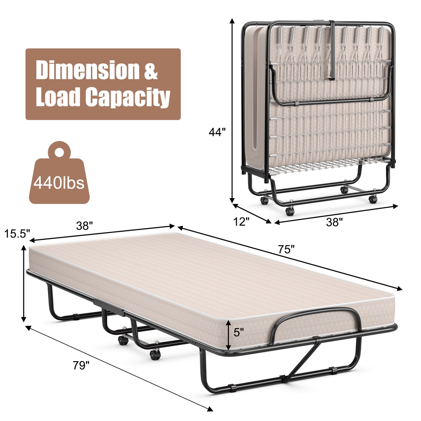 Rollaway Guest Bed with Memory Foam Mattress and Steel Frame Made in Italy - Beige