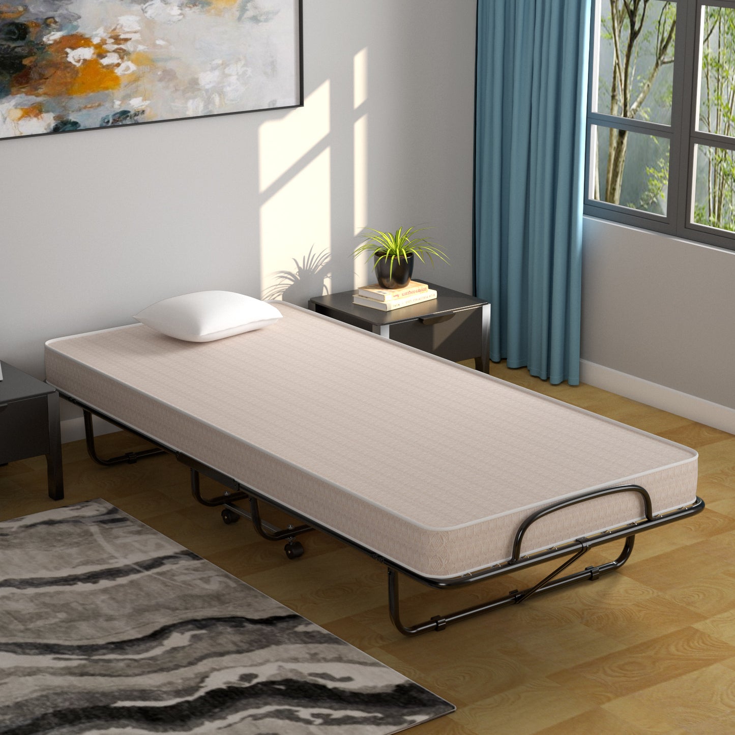 Rollaway Guest Bed with Memory Foam Mattress and Steel Frame Made in Italy - Beige