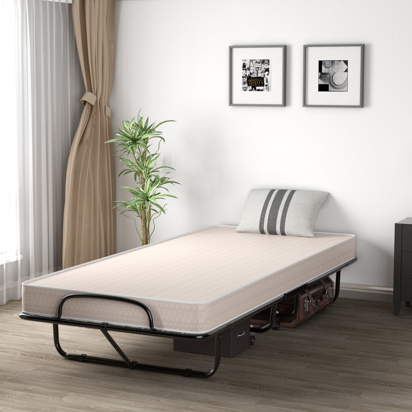 Rollaway Guest Bed with Memory Foam Mattress and Steel Frame Made in Italy - Beige
