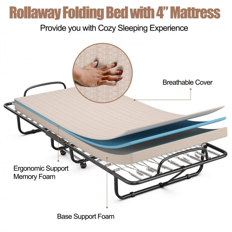 Rollaway Guest Bed with Memory Foam Mattress and Steel Frame Made in Italy - Beige
