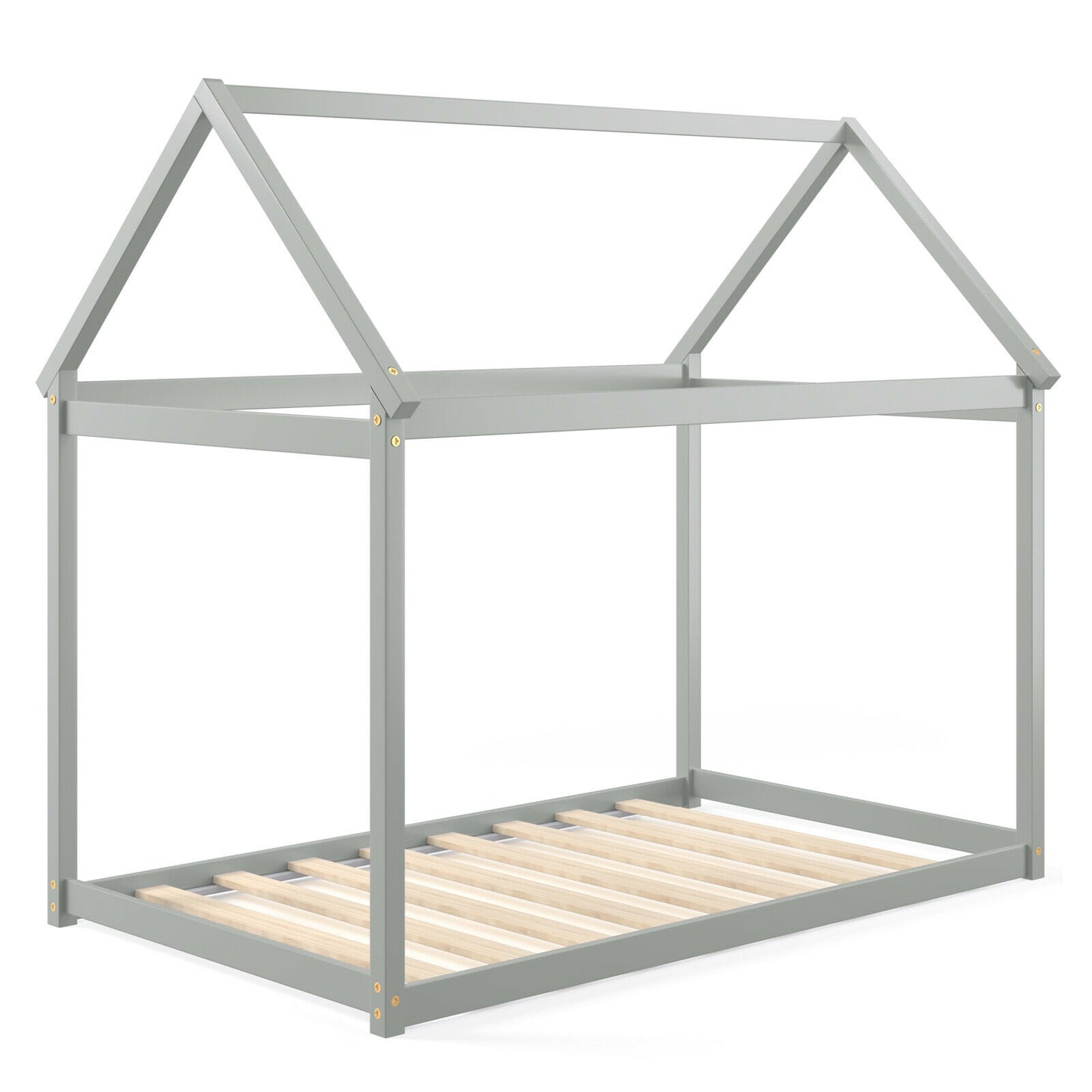 Durable Twin Platform Kids Bed with Roof and Heavy-Duty Slats – Grey