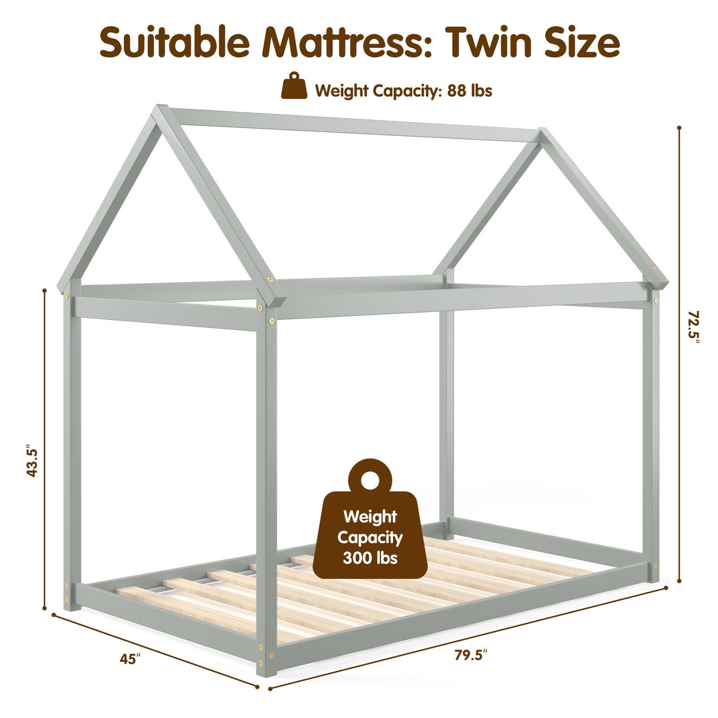 Durable Twin Platform Kids Bed with Roof and Heavy-Duty Slats – Grey