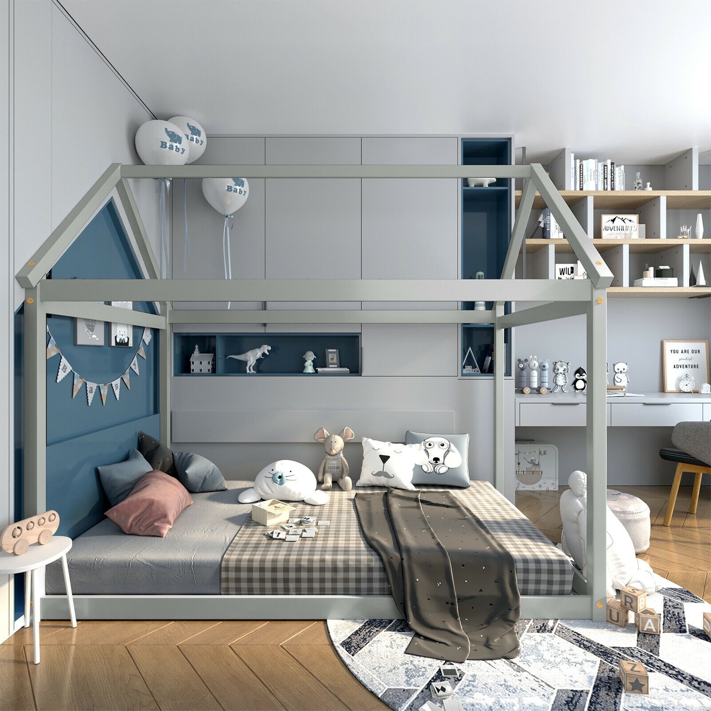 Durable Twin Platform Kids Bed with Roof and Heavy-Duty Slats – Grey