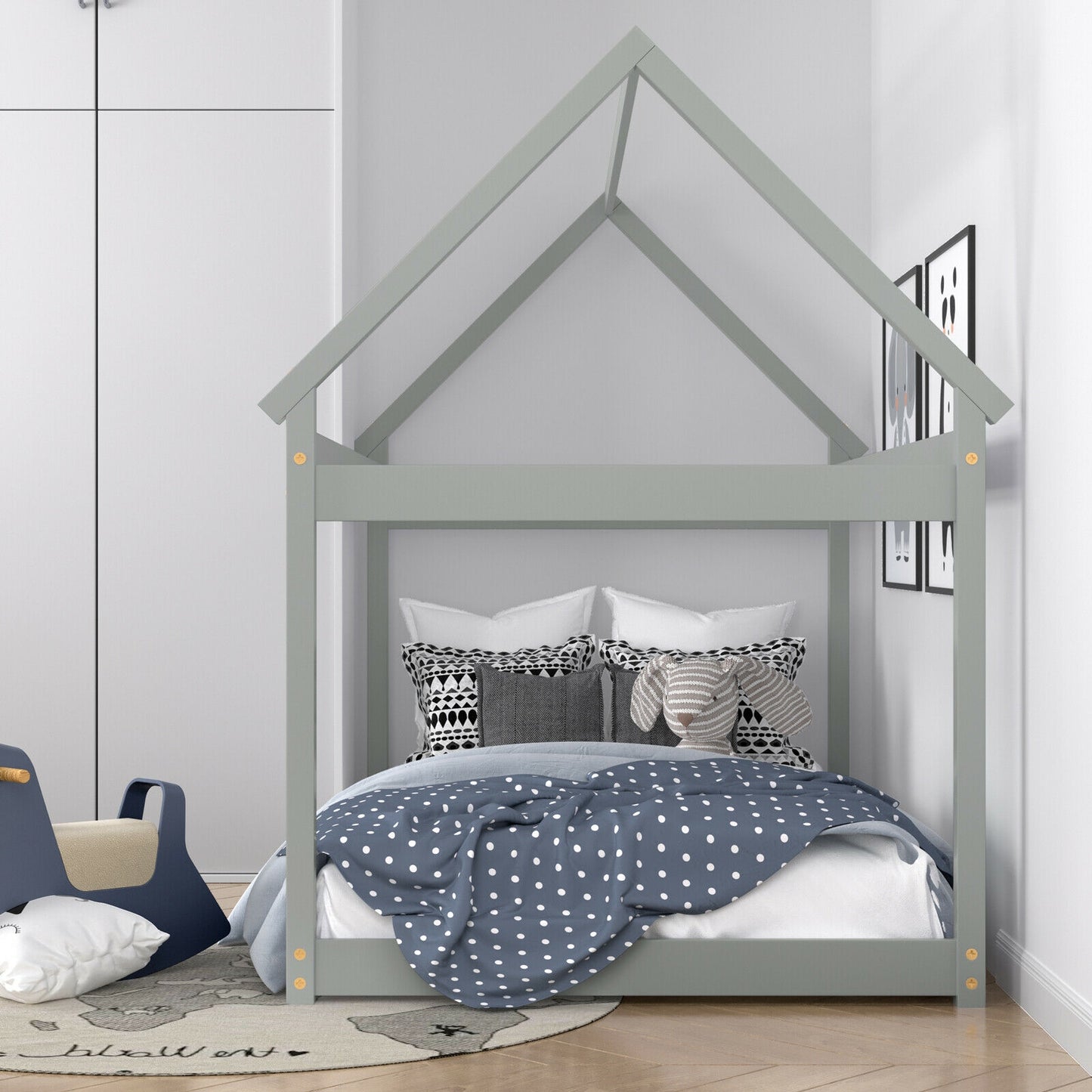 Durable Twin Platform Kids Bed with Roof and Heavy-Duty Slats – Grey