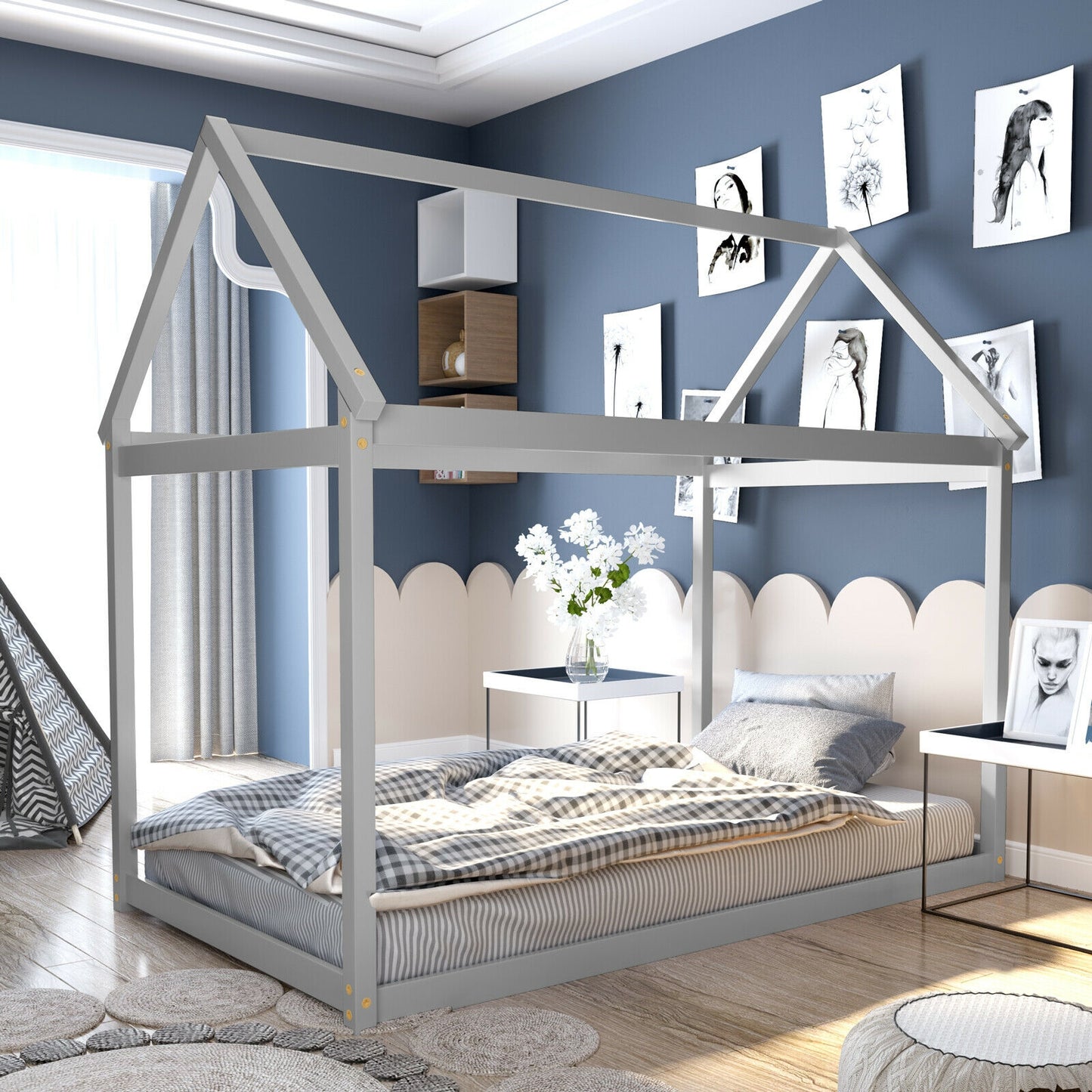 Durable Twin Platform Kids Bed with Roof and Heavy-Duty Slats – Grey