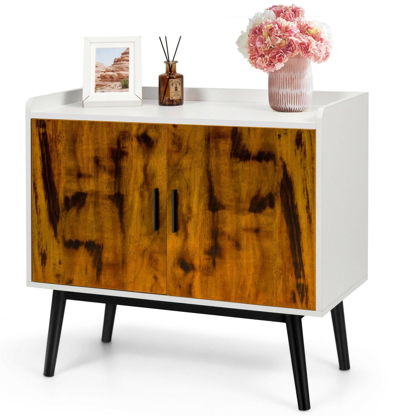 Mid-Century Modern Storage Cabinet with Double Doors and Metal Legs for Dining Room Living Room or Entryway