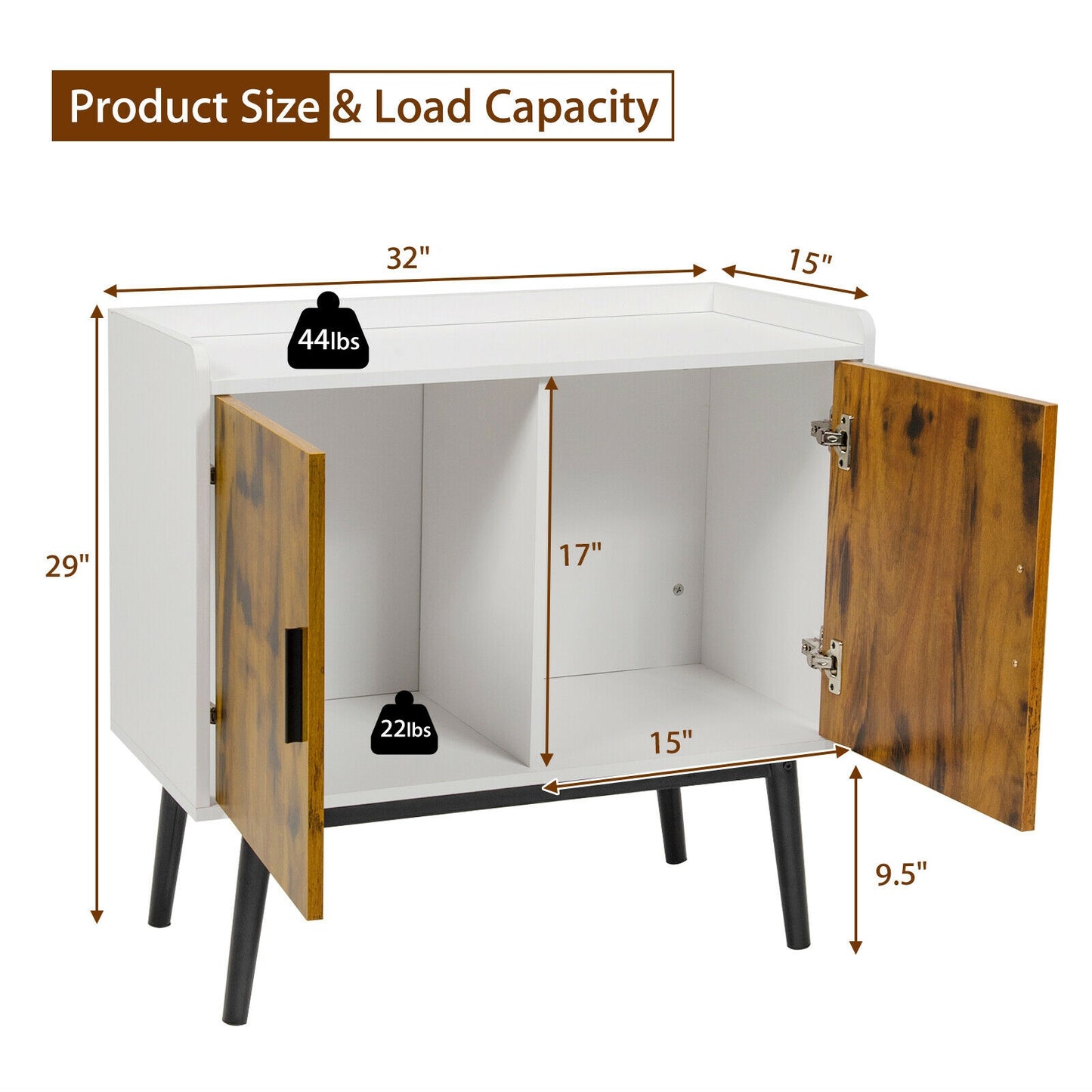 Mid-Century Modern Storage Cabinet with Double Doors and Metal Legs for Dining Room Living Room or Entryway