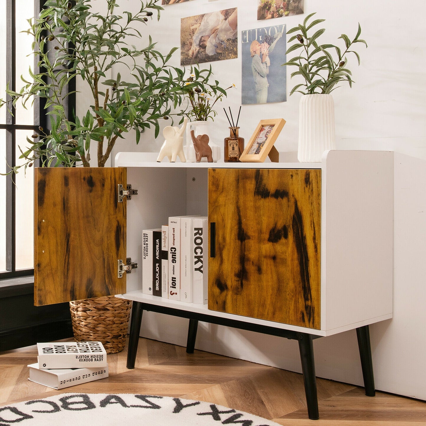 Mid-Century Modern Storage Cabinet with Double Doors and Metal Legs for Dining Room Living Room or Entryway