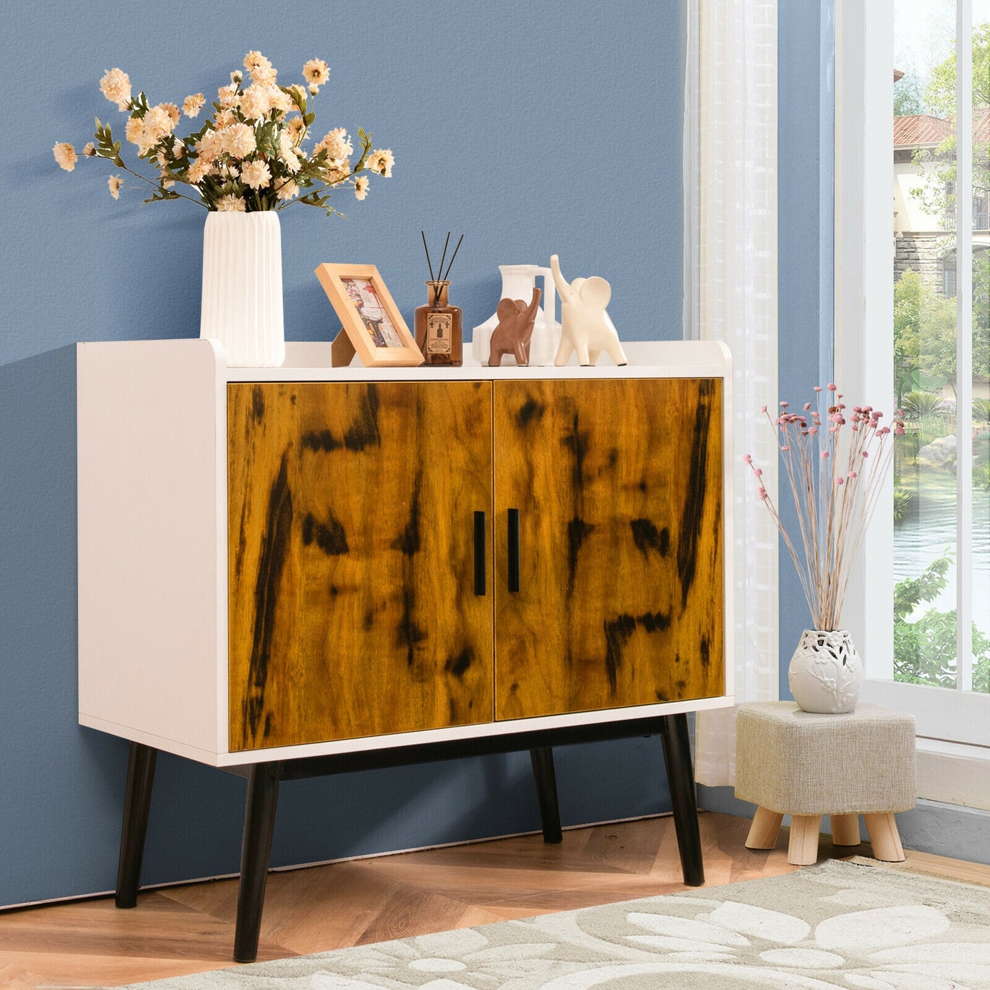 Mid-Century Modern Storage Cabinet with Double Doors and Metal Legs for Dining Room Living Room or Entryway