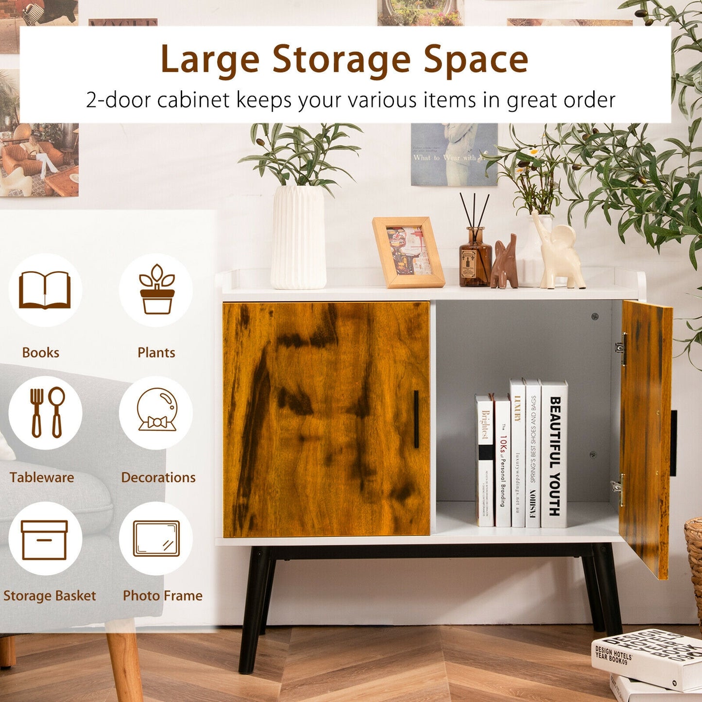 Mid-Century Modern Storage Cabinet with Double Doors and Metal Legs for Dining Room Living Room or Entryway