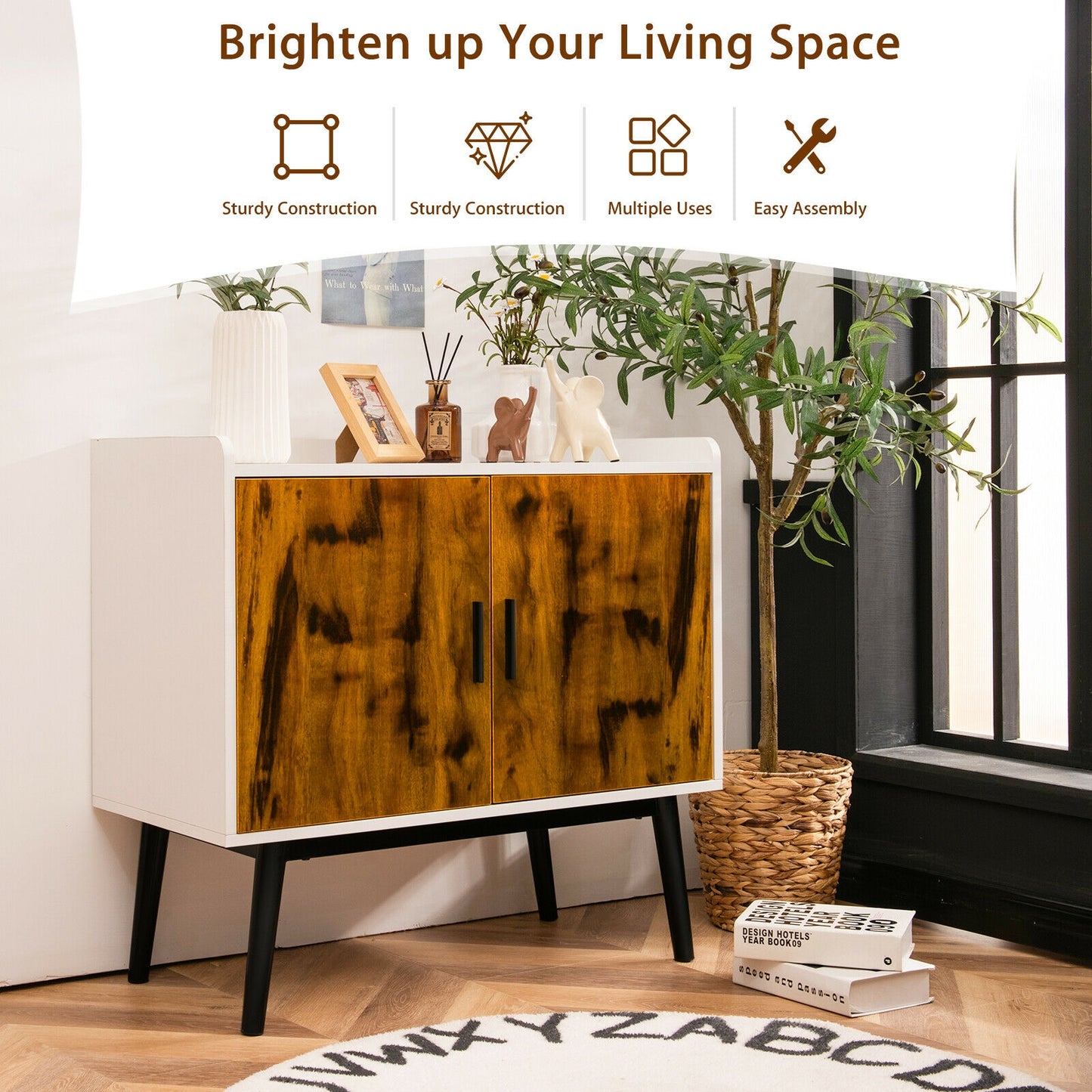 Mid-Century Modern Storage Cabinet with Double Doors and Metal Legs for Dining Room Living Room or Entryway