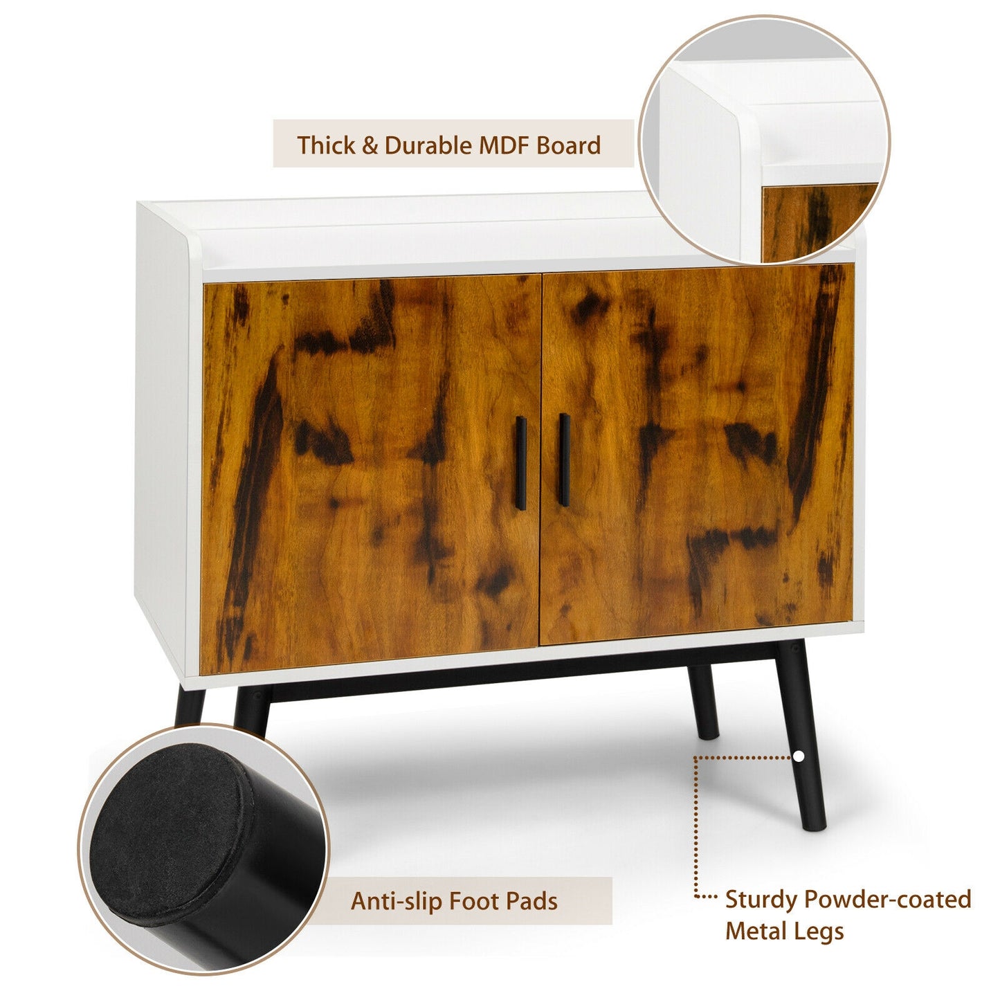 Mid-Century Modern Storage Cabinet with Double Doors and Metal Legs for Dining Room Living Room or Entryway