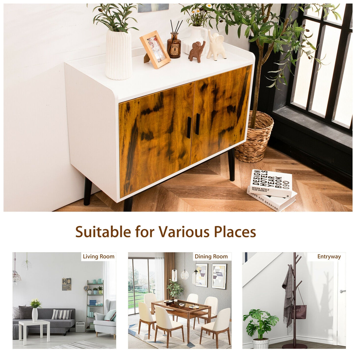 Mid-Century Modern Storage Cabinet with Double Doors and Metal Legs for Dining Room Living Room or Entryway