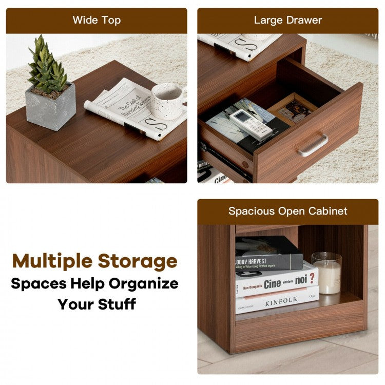 Modern Nightstand with Drawer and Open Storage Shelf – Brown Finish
