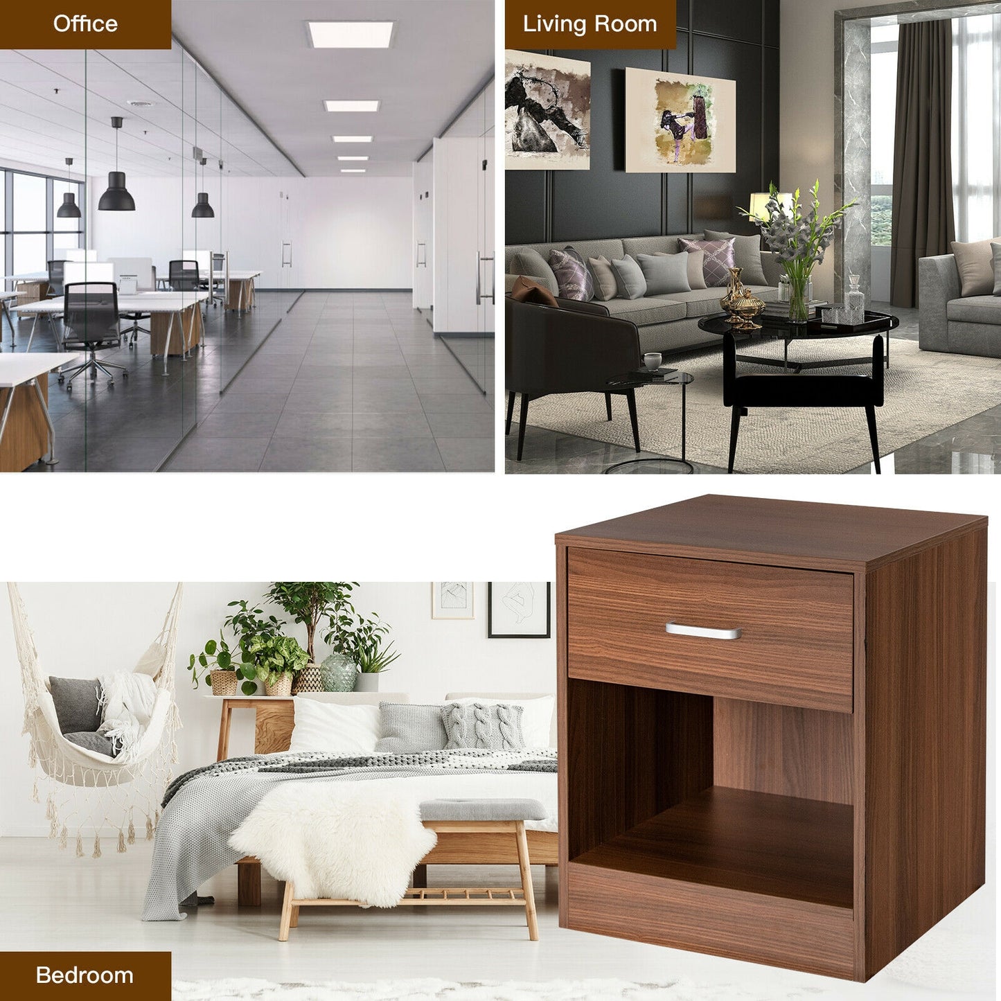 Modern Nightstand with Drawer and Open Storage Shelf – Brown Finish