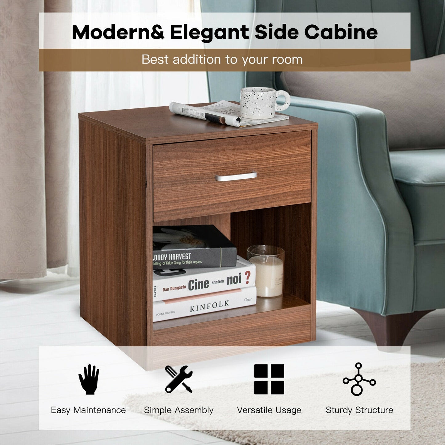 Modern Nightstand with Drawer and Open Storage Shelf – Brown Finish